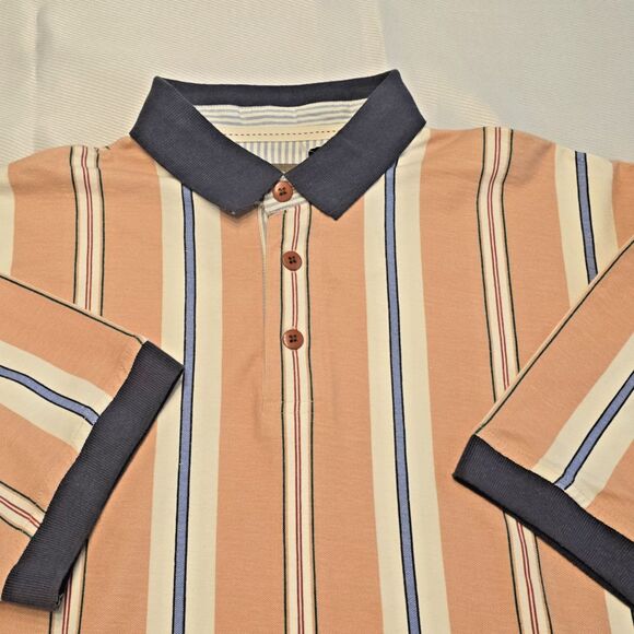 Haggar Polo Shirt L BNWT PEACH Blue Red White Stripe 100% Cotton Collared Polo - Picture 3 of 8